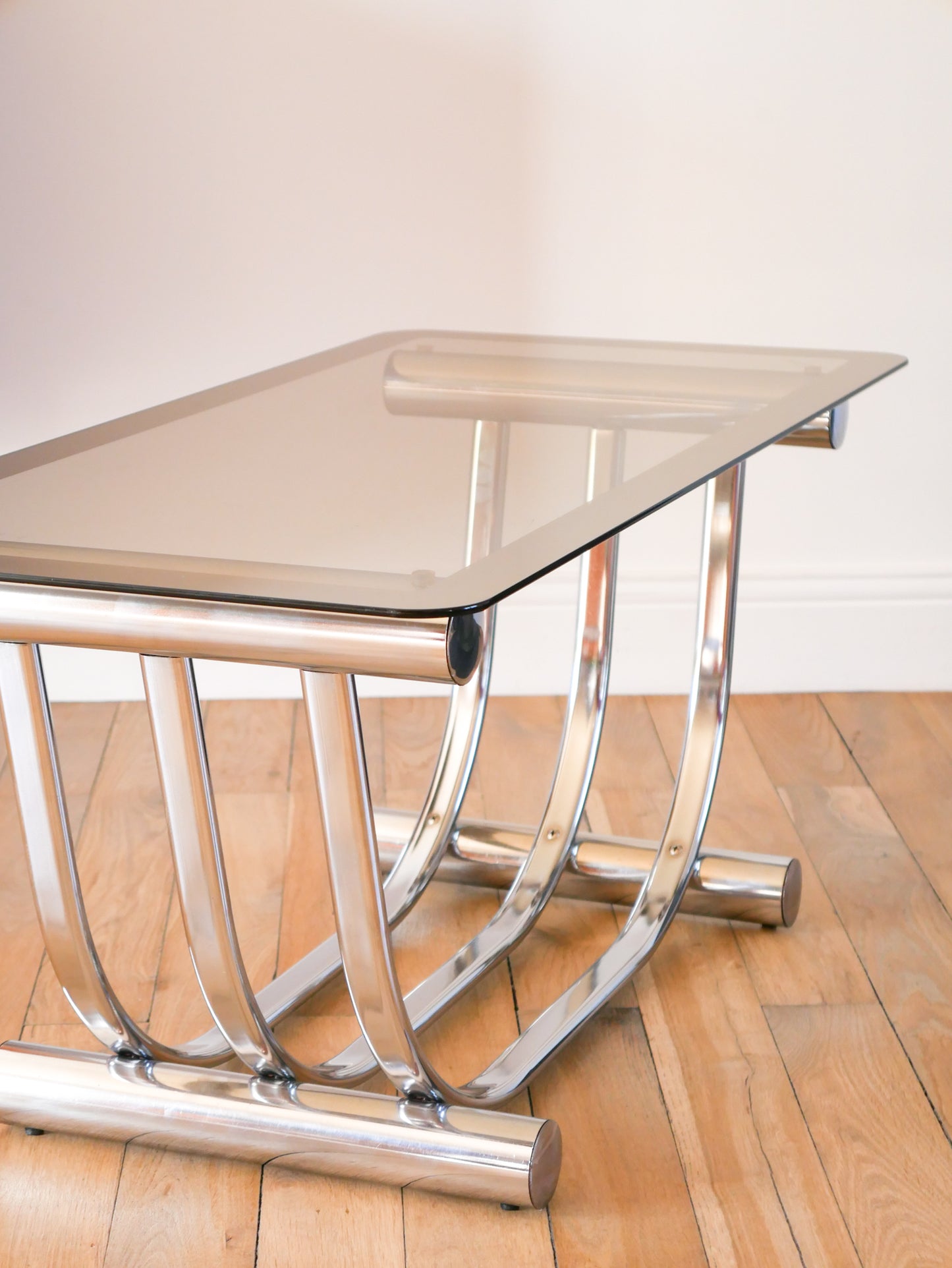 Table basse rectangulaire en verre et chrome par Yves Boutboul, piètements Graphique, Made in Italy, Design, 1970