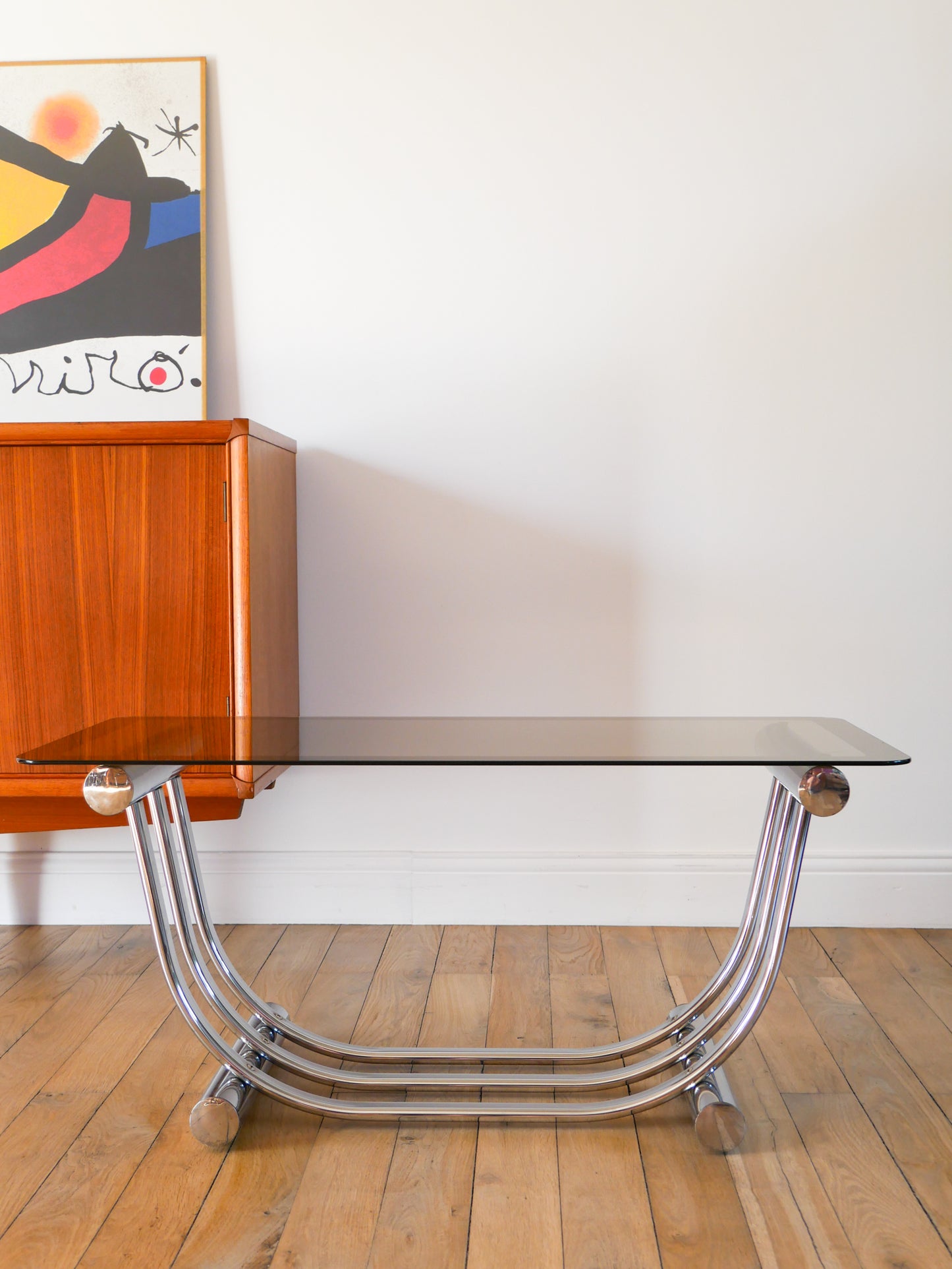 Table basse rectangulaire en verre et chrome par Yves Boutboul, piètements Graphique, Made in Italy, Design, 1970