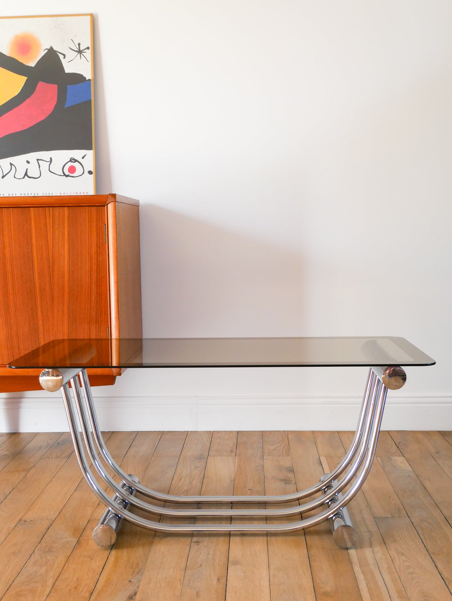 Table basse rectangulaire en verre et chrome par Yves Boutboul, piètements Graphique, Made in Italy, Design, 1970