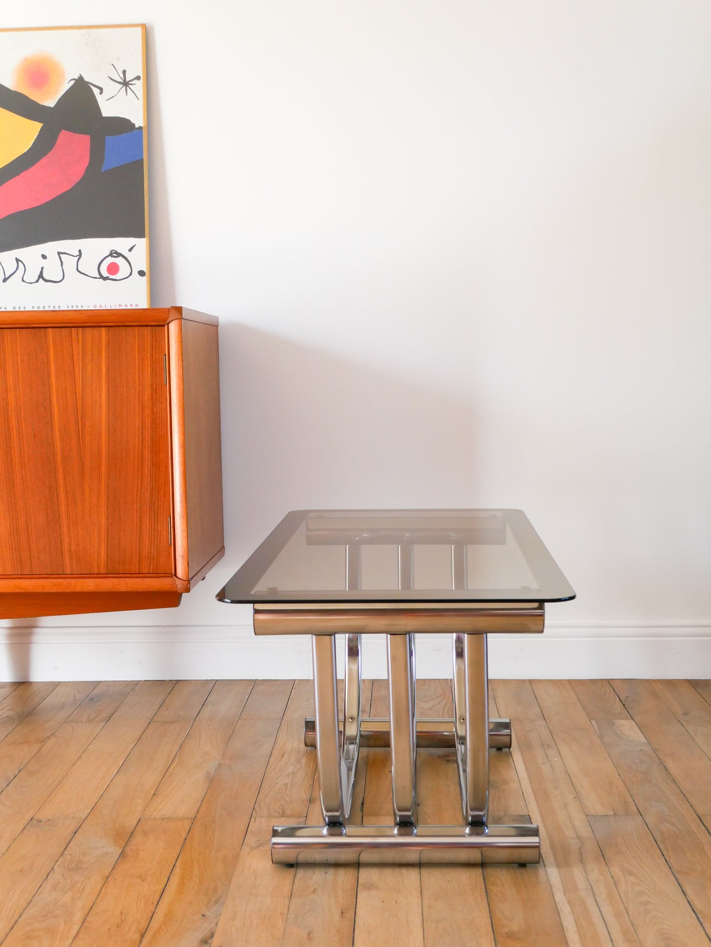 Table basse rectangulaire en verre et chrome par Yves Boutboul, piètements Graphique, Made in Italy, Design, 1970