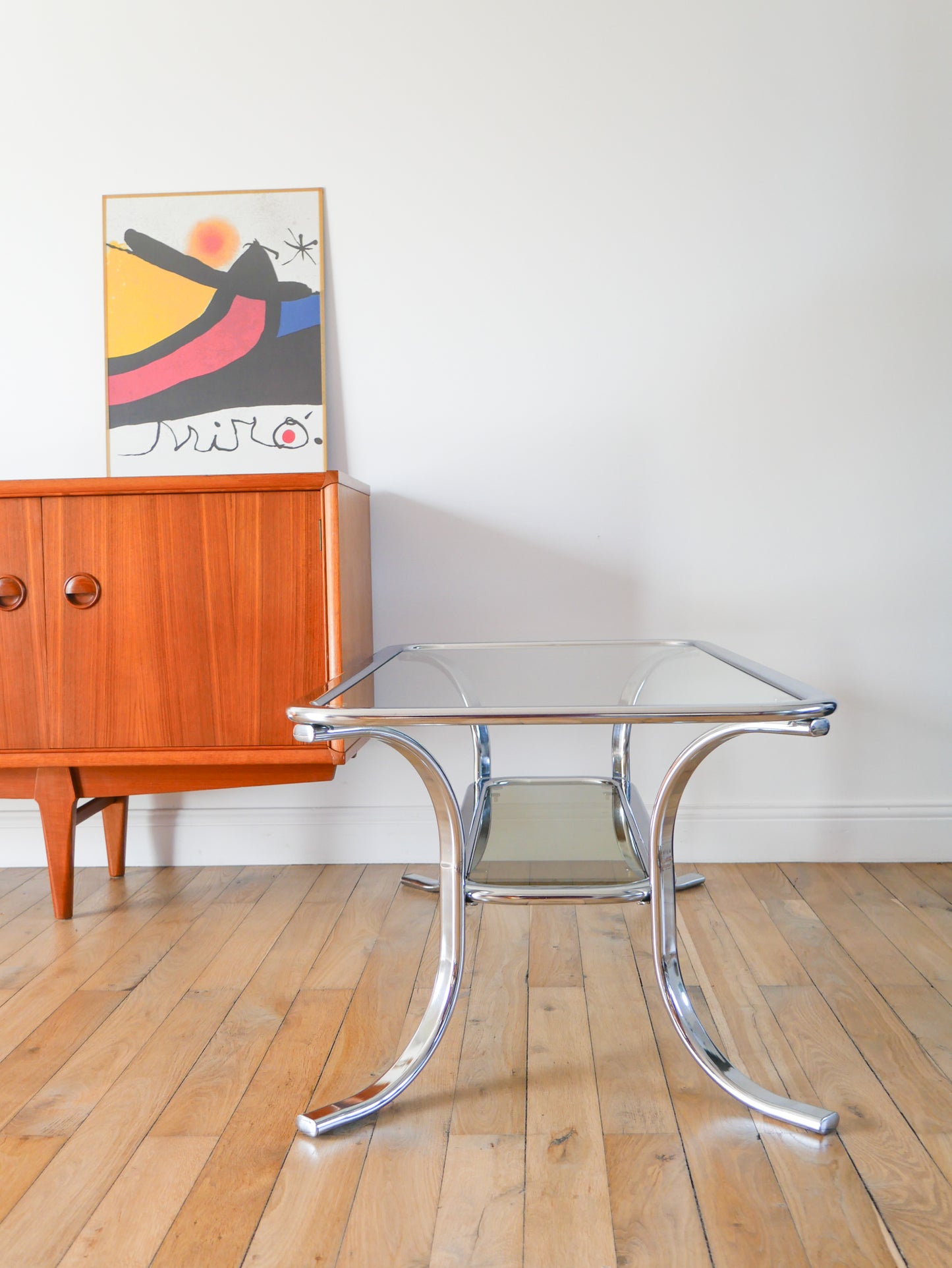 Table basse en verre fumé, transparent et chrome, Design, Made in Denmark, 1970-1980