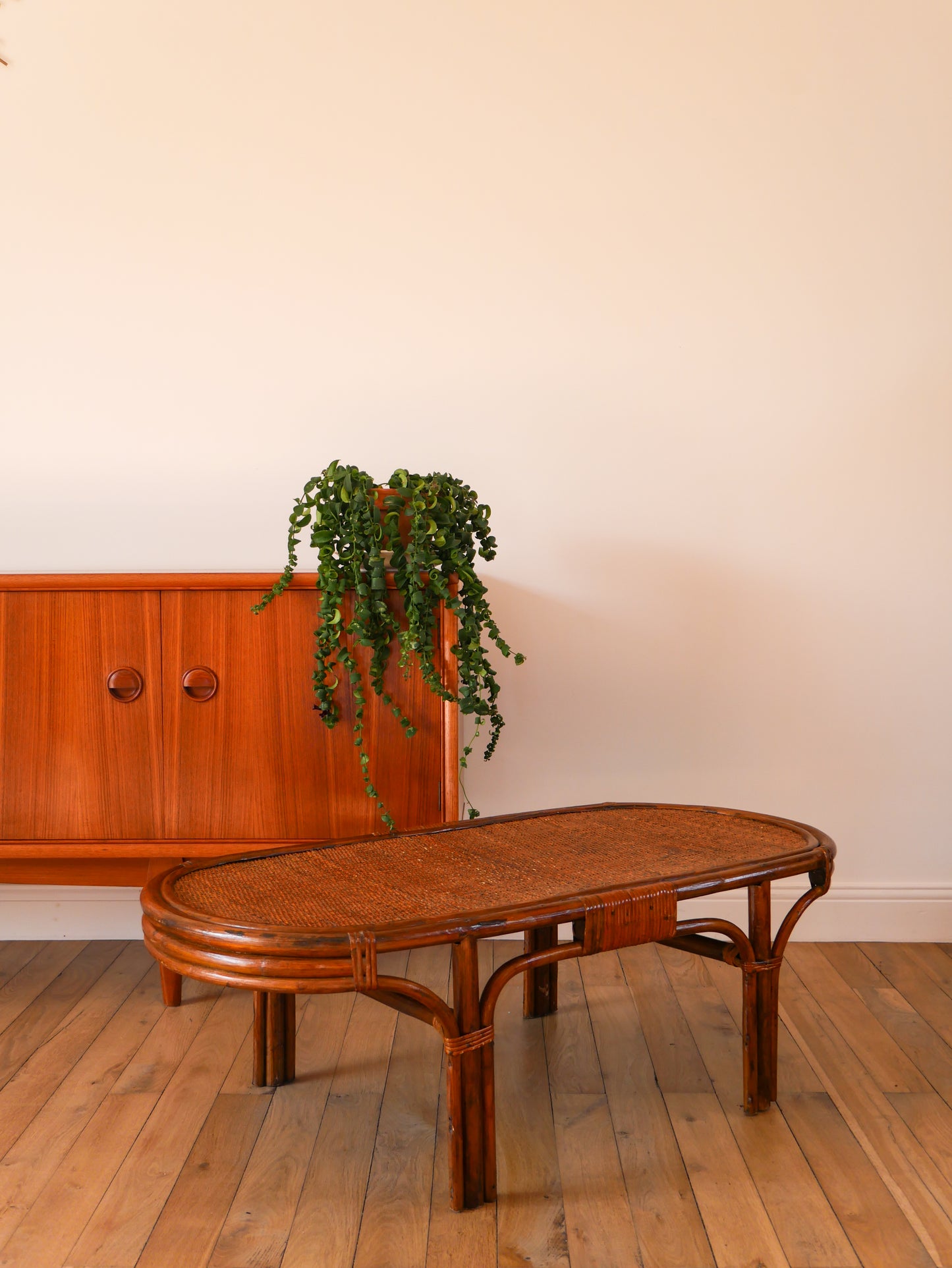 Table basse ovale en rotin et bambou foncé, 1970