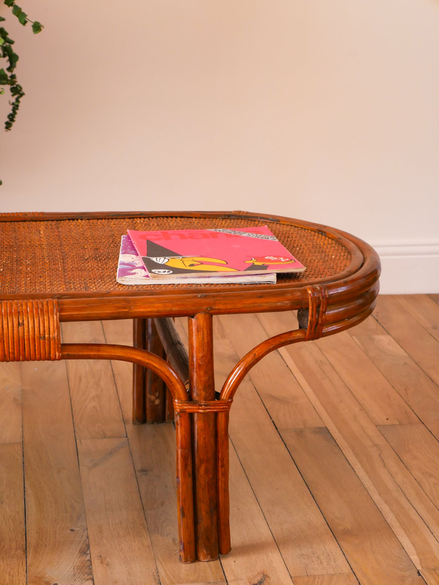 Table basse ovale en rotin et bambou foncé, 1970