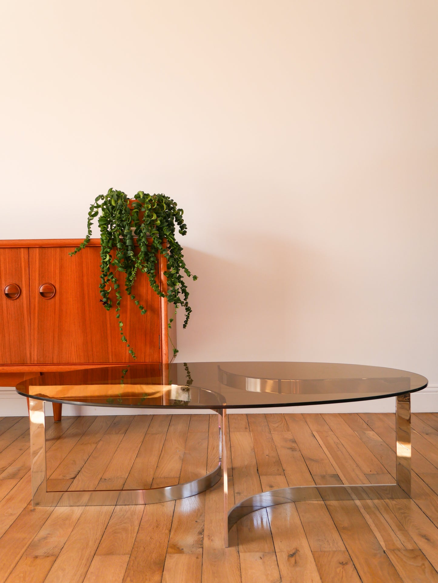 Table basse en chrome et vert fumé, attribuée à Paul Legeard, Design Space Age, 1970