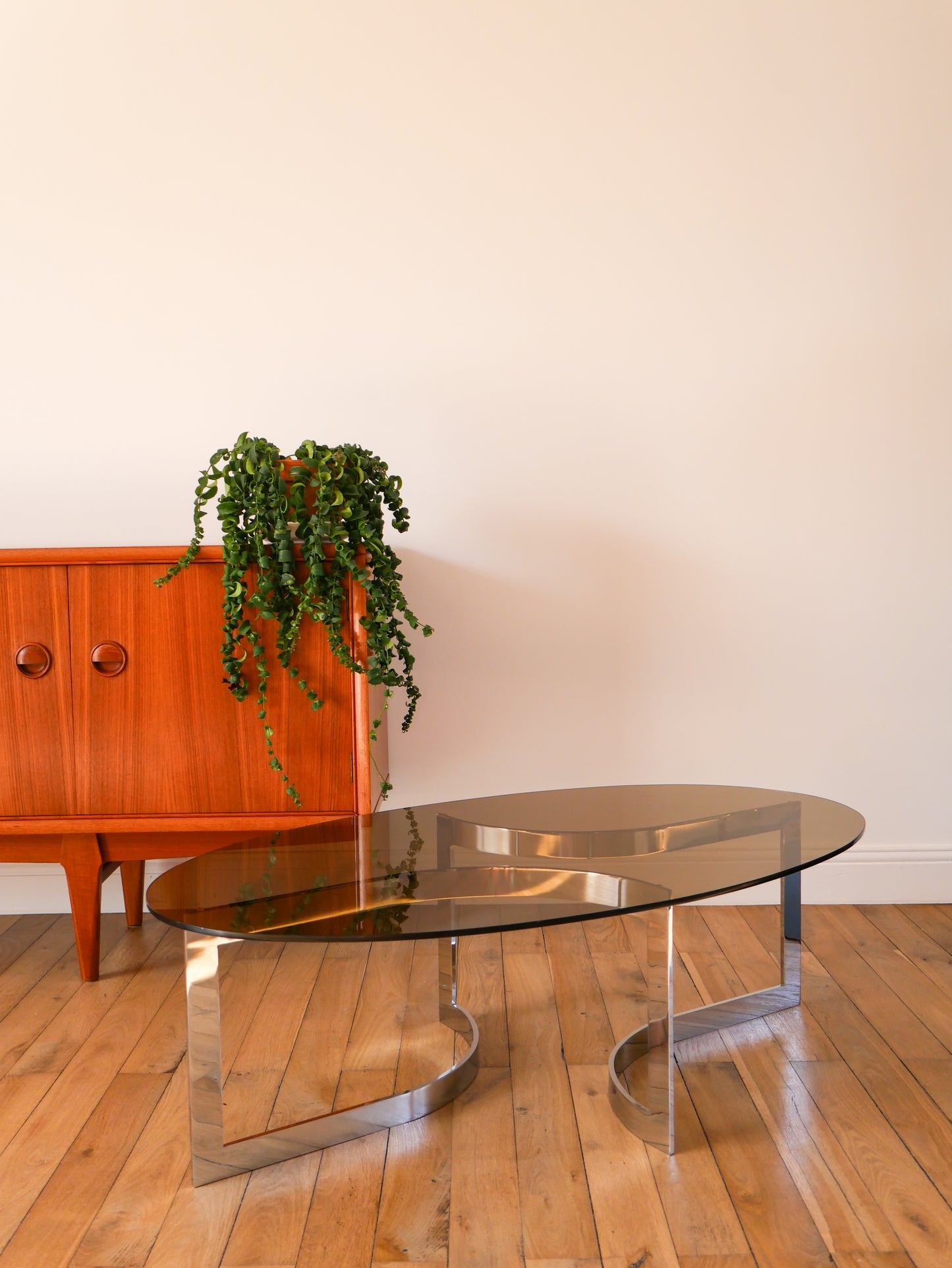 Table basse en chrome et vert fumé, attribuée à Paul Legeard, Design Space Age, 1970