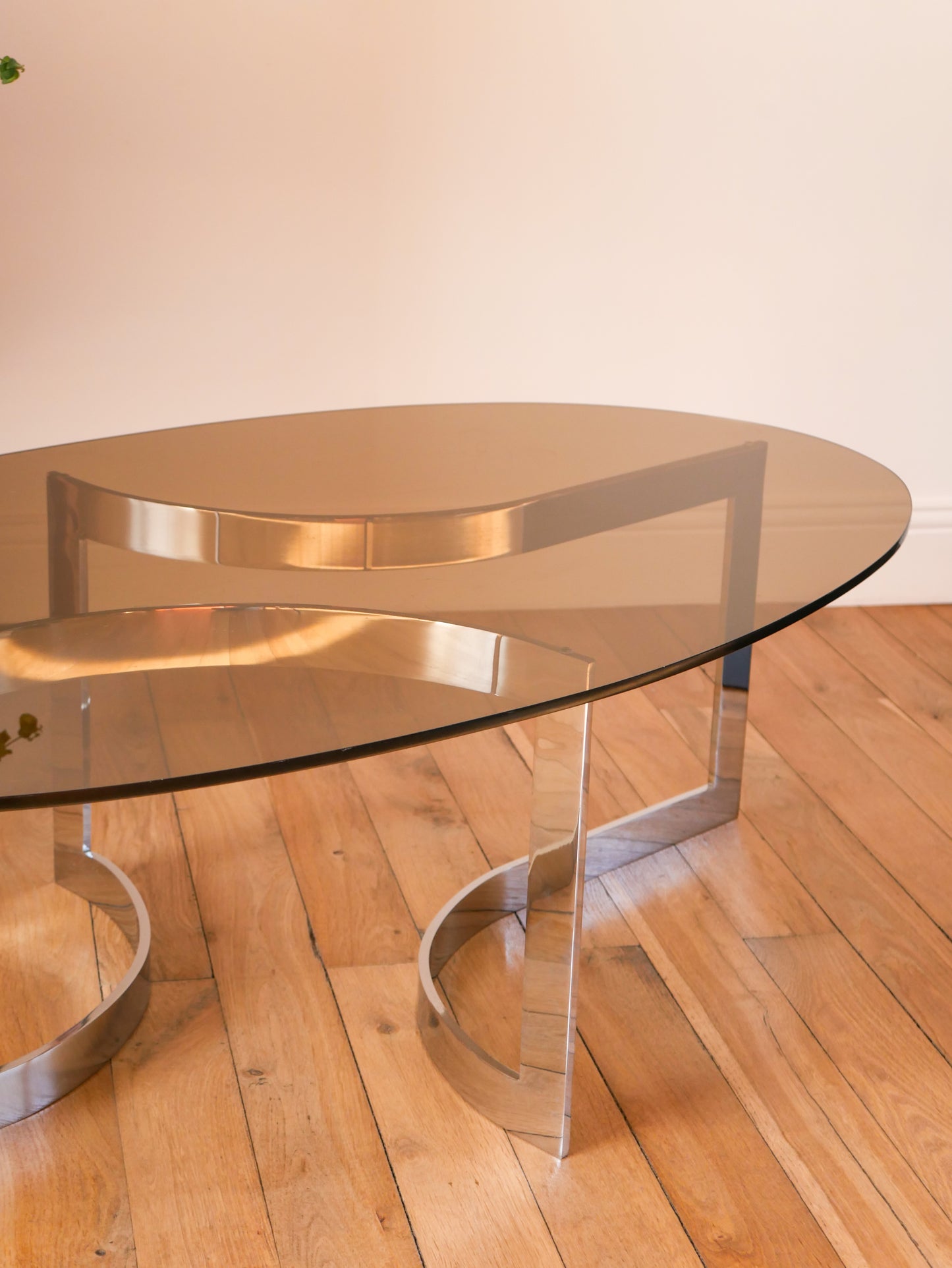 Table basse en chrome et vert fumé, attribuée à Paul Legeard, Design Space Age, 1970