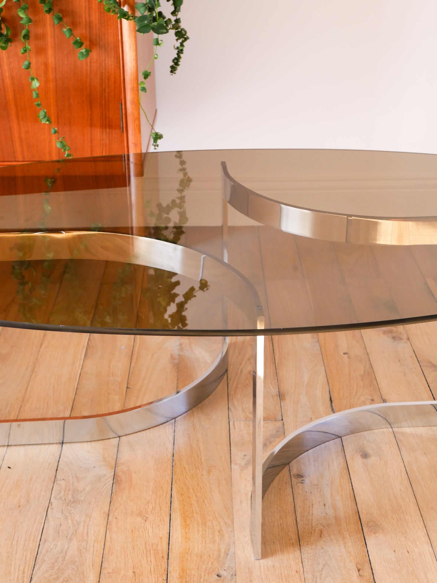 Table basse en chrome et vert fumé, attribuée à Paul Legeard, Design Space Age, 1970