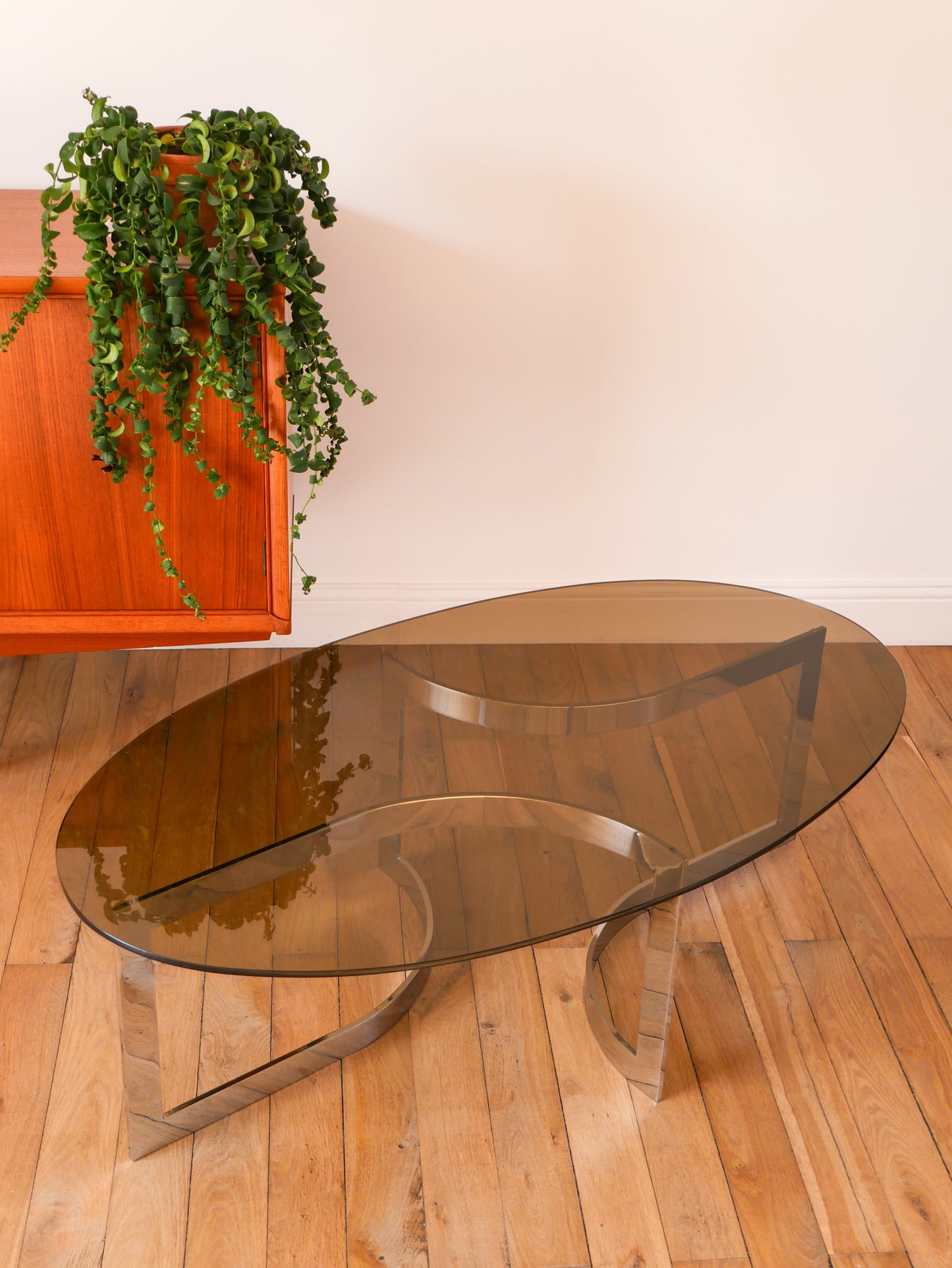 Table basse en chrome et vert fumé, attribuée à Paul Legeard, Design Space Age, 1970