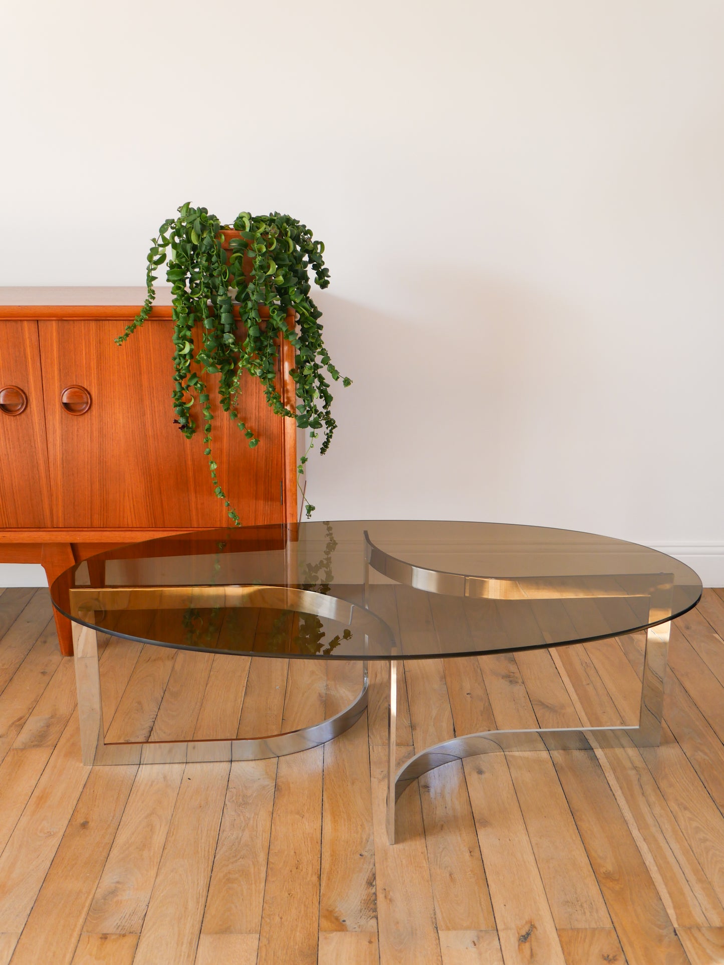 Table basse en chrome et vert fumé, attribuée à Paul Legeard, Design Space Age, 1970