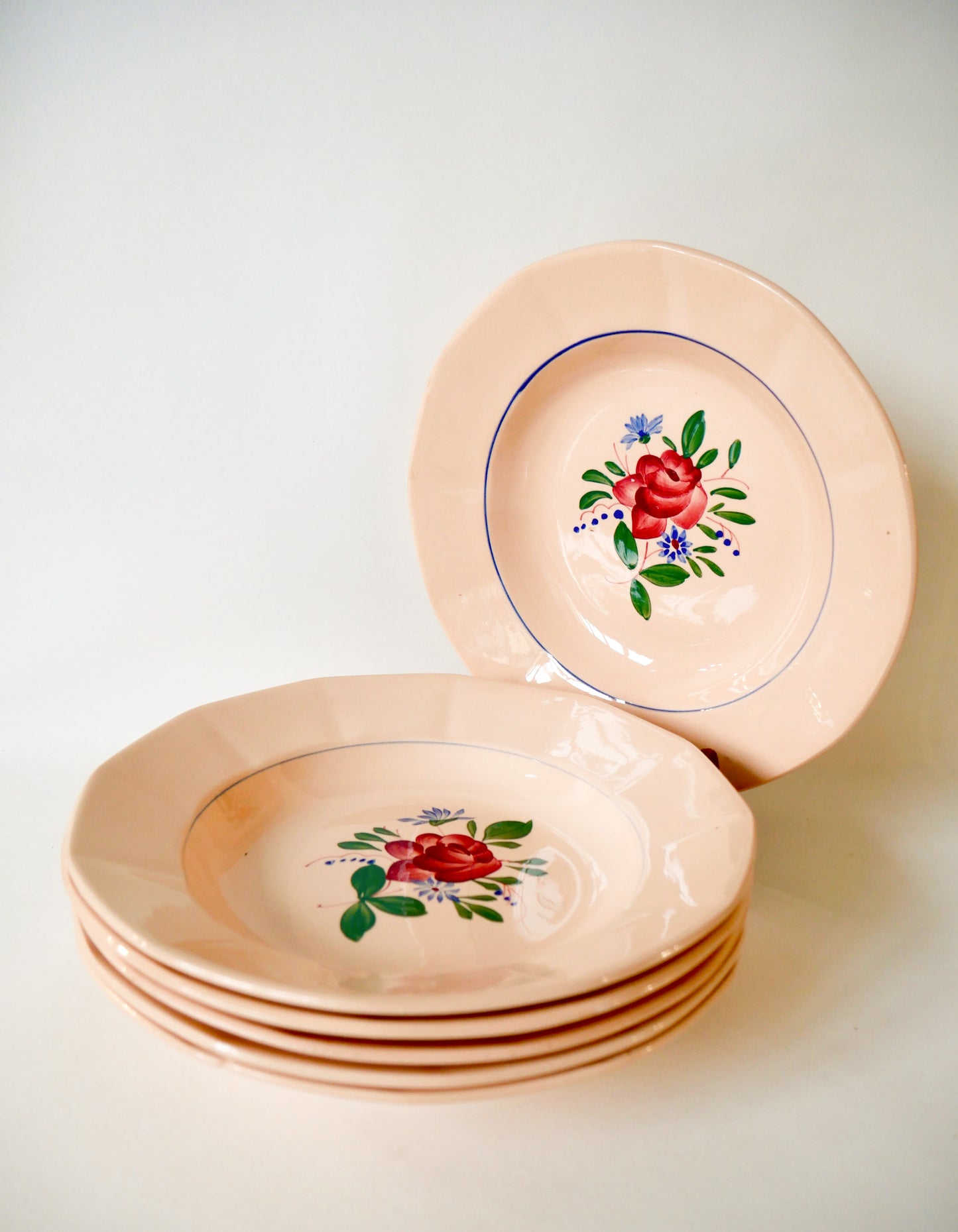 Lot de 6 assiettes creuses Digoin Sarreguemines roses à fleurs roses années 50-60