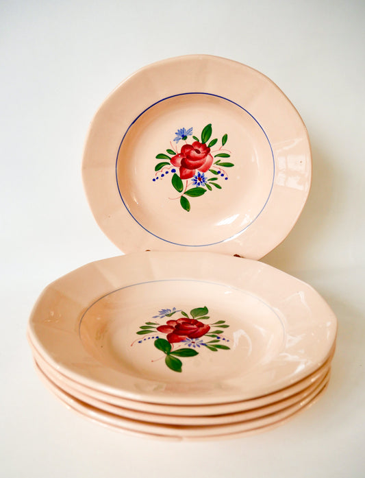 Lot de 6 assiettes creuses Digoin Sarreguemines roses à fleurs roses années 50-60