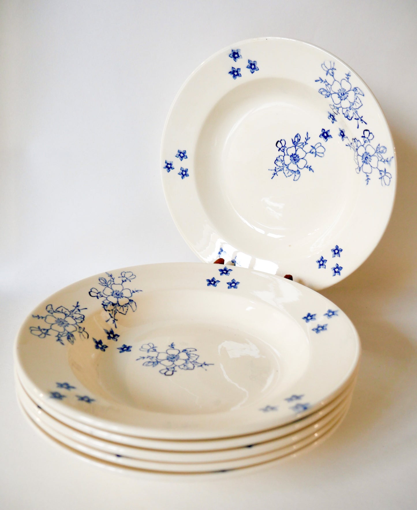 Lot de 6 assiettes creuses Longwy fleurs bleues style japonais, 1920