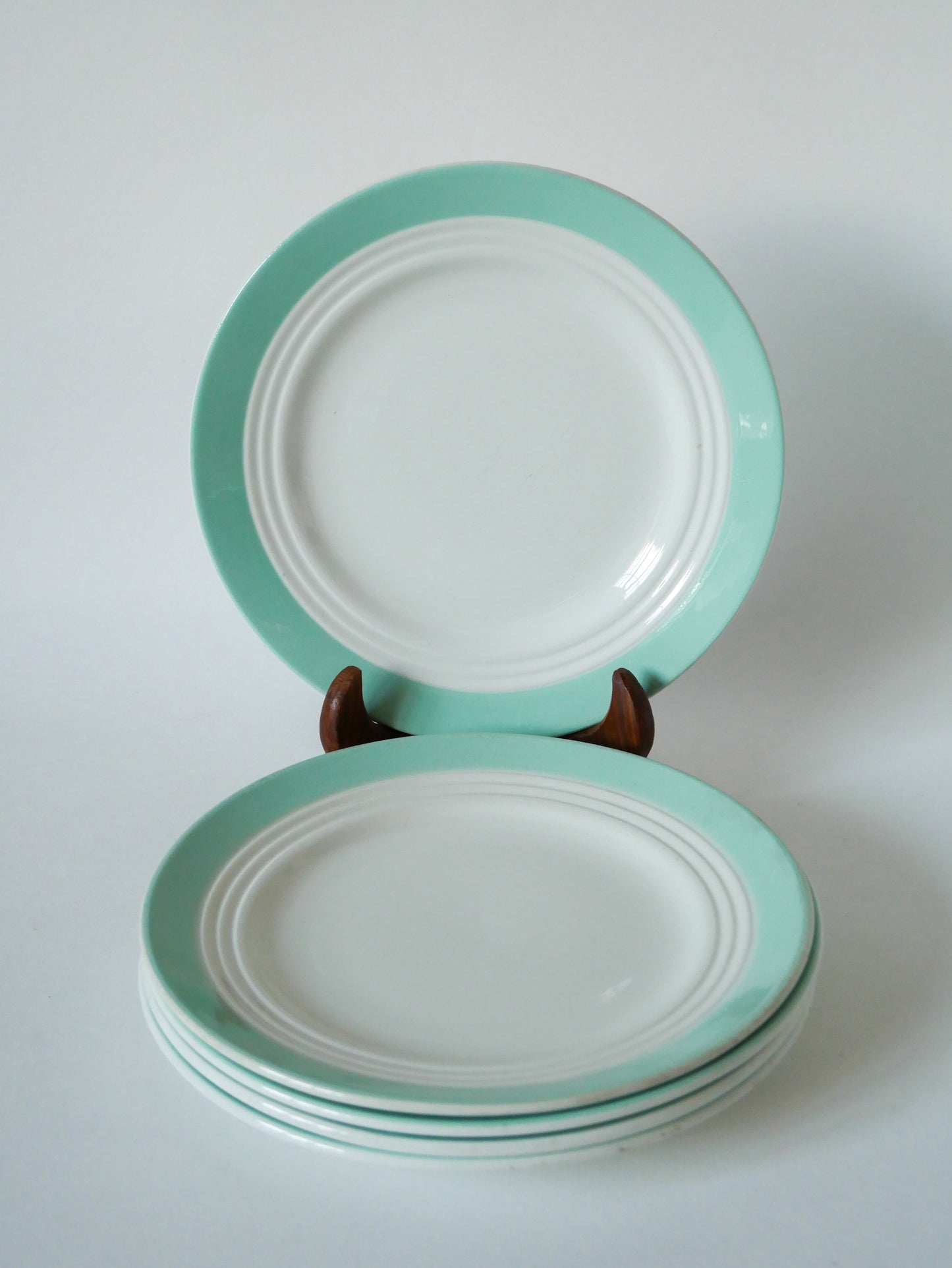 Lot de 5 assiettes à dessert Saint-Amand bord coloré menthe 1950