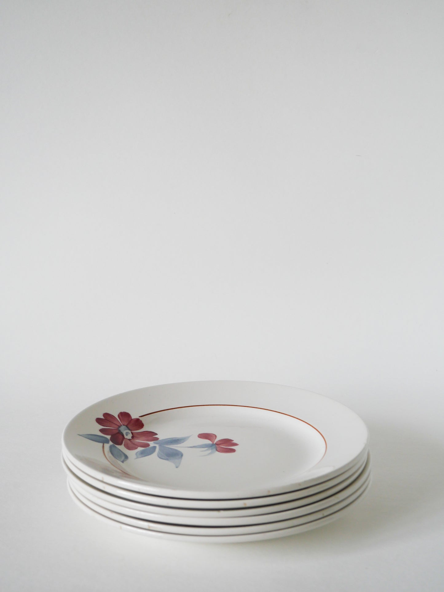 Joli lot de 6 assiettes à dessert Saint-Amand, à fleurs, Rose et Bleu, 1960