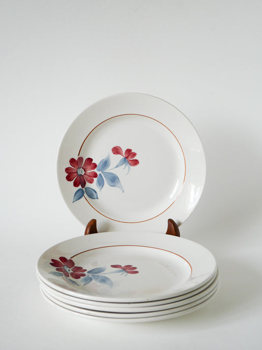 Joli lot de 6 assiettes à dessert Saint-Amand, à fleurs, Rose et Bleu, 1960