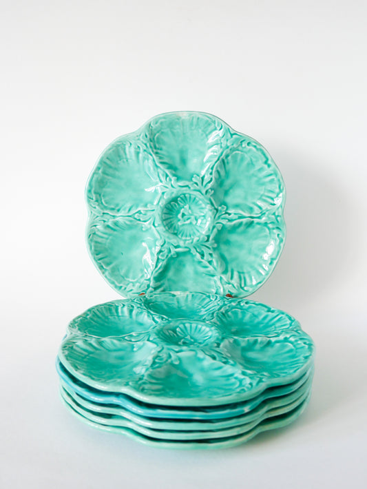 Ensemble de 6 assiettes à huîtres en barbotine, Bleu Turquoise, Gien, 1970