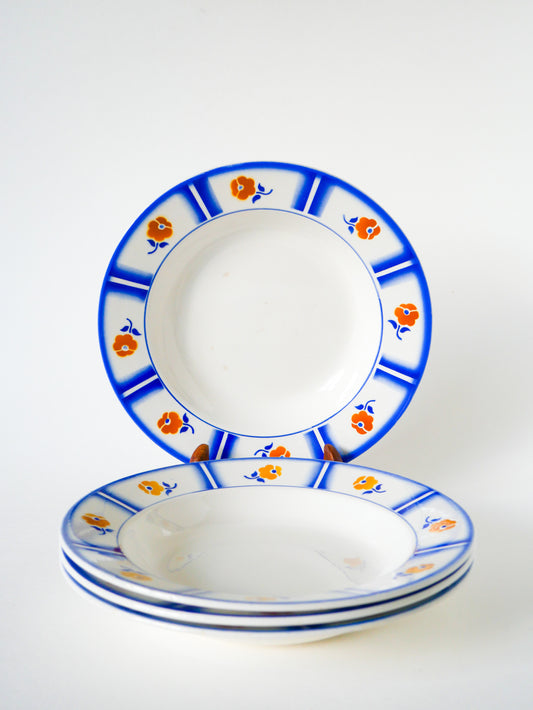 Lot de 4 assiettes creuses Digoin Sarreguemines, modèle Arago, Bleu et Orange, 1940