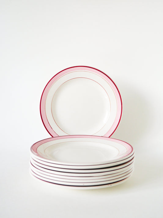 Lot de 9 assiettes à dessert Digoin, Modèle Lignes, Rose, 1960