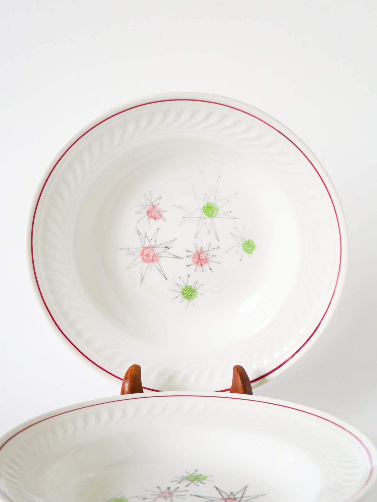 Paire d'assiettes creuses Digoin, modèle Marie-Claude, Rose et Vert, Design, 1960