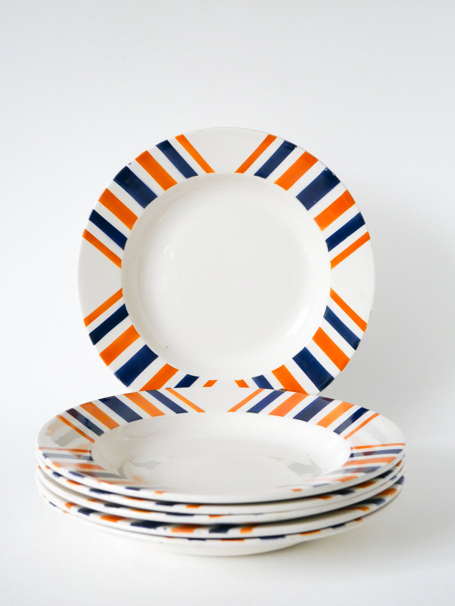 Lot de 6 assiettes creuses à rayures, HBCM  modèle "Eskualouna", Orange et Bleu, 1960