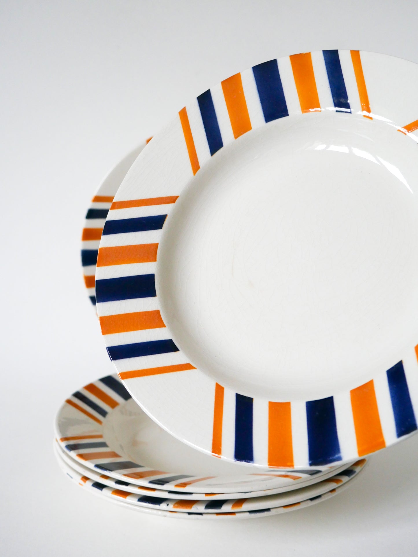 Lot de 6 assiettes creuses à rayures, HBCM  modèle "Eskualouna", Orange et Bleu, 1960