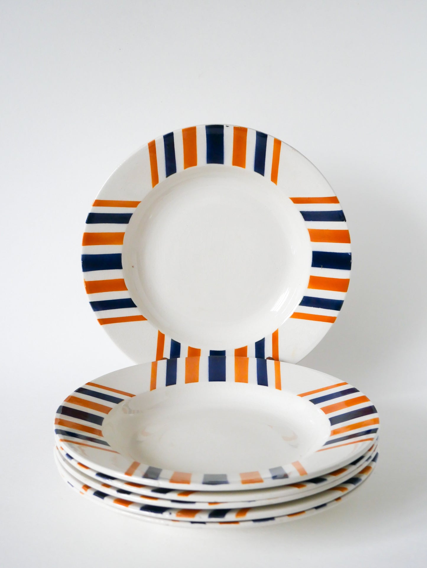 Lot de 6 assiettes creuses à rayures, HBCM  modèle "Eskualouna", Orange et Bleu, 1960