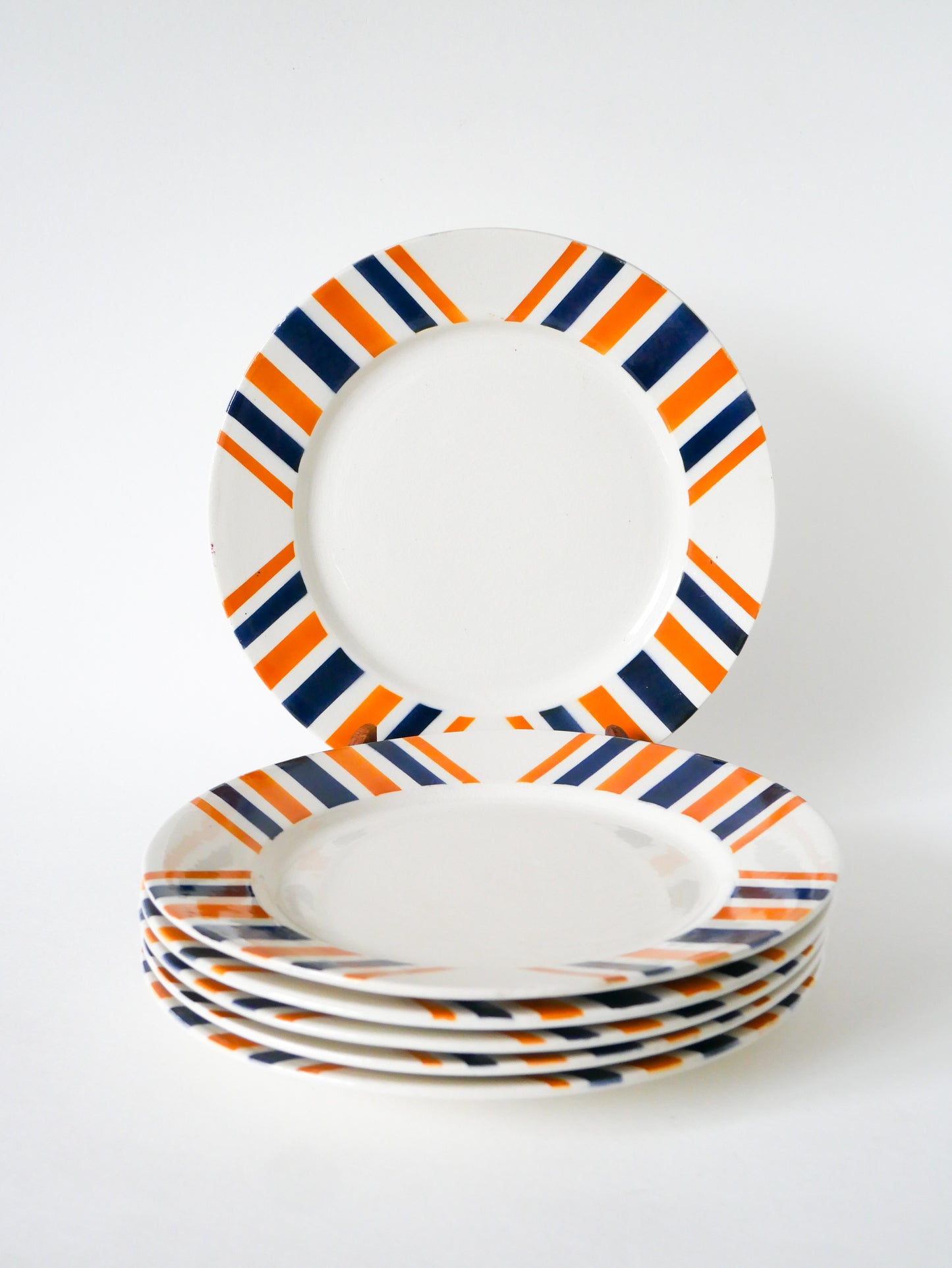 Lot de 6 assiettes plates à rayures, HBCM  modèle "Eskualouna", Orange et Bleu, 1960