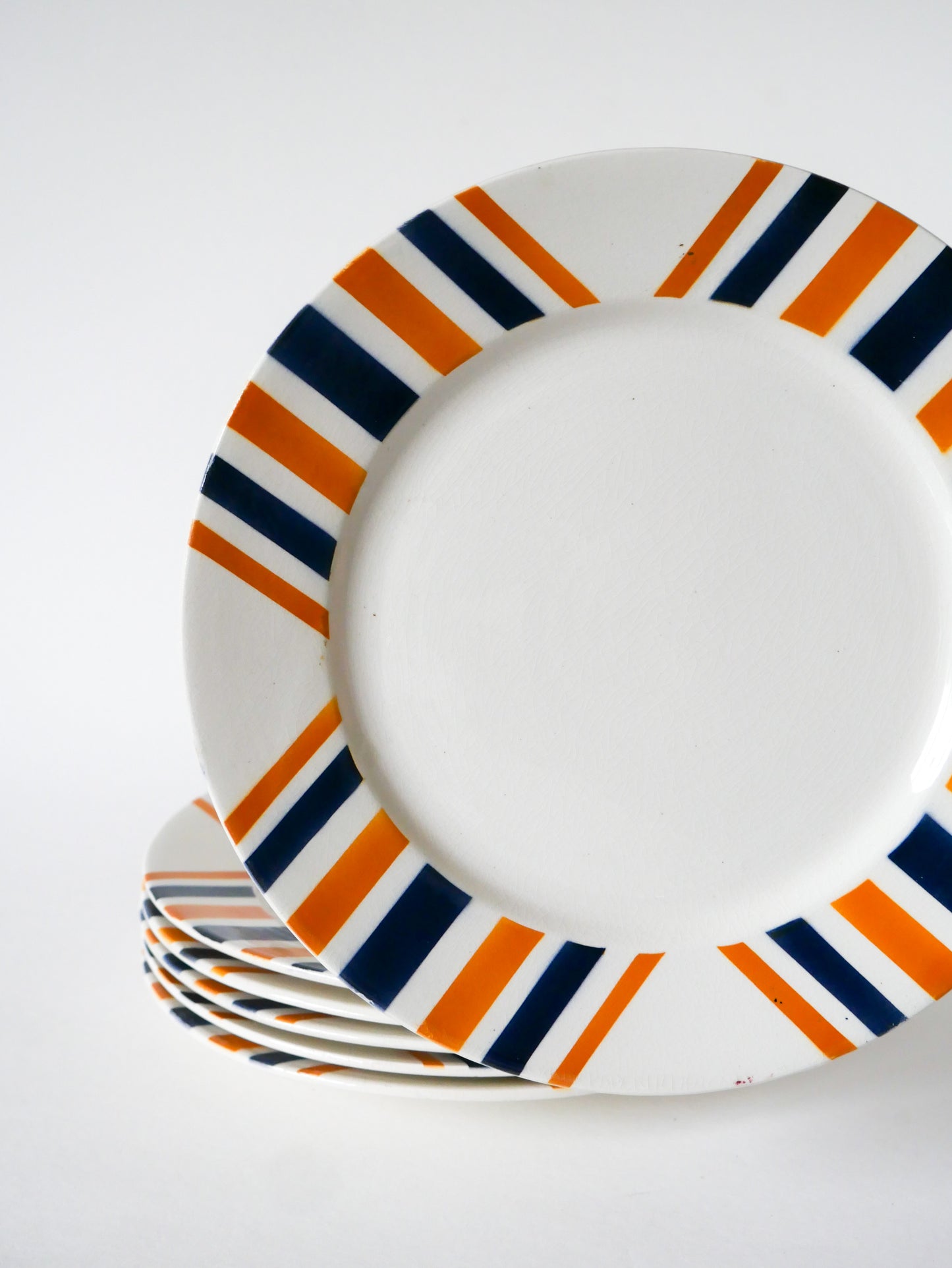 Lot de 6 assiettes plates à rayures, HBCM  modèle "Eskualouna", Orange et Bleu, 1960