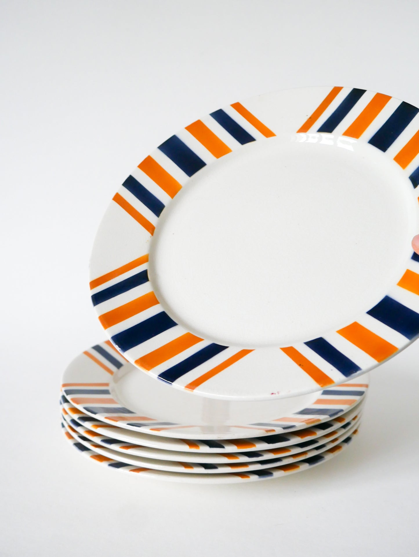 Lot de 6 assiettes plates à rayures, HBCM  modèle "Eskualouna", Orange et Bleu, 1960