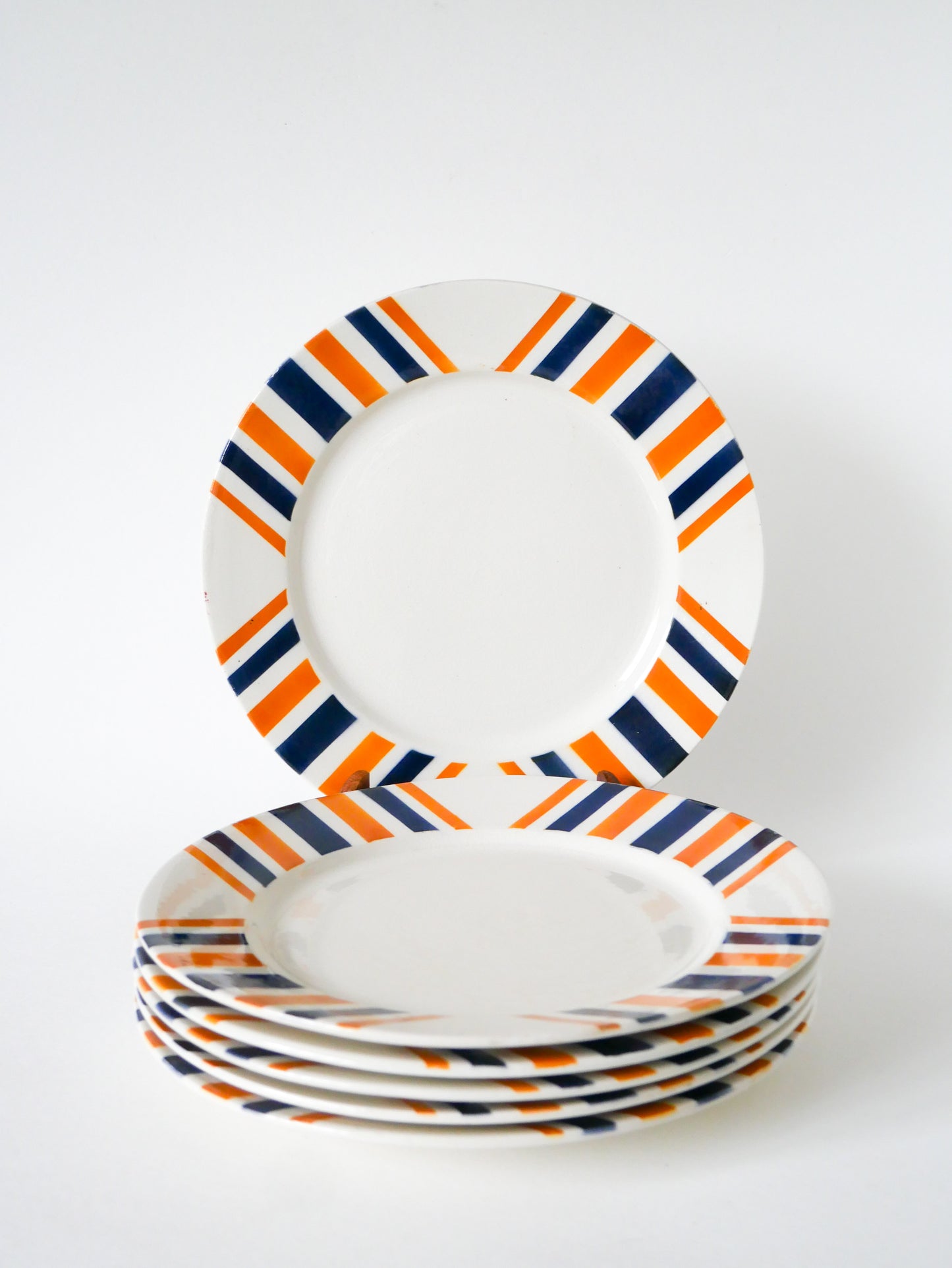 Lot de 6 assiettes plates à rayures, HBCM  modèle "Eskualouna", Orange et Bleu, 1960