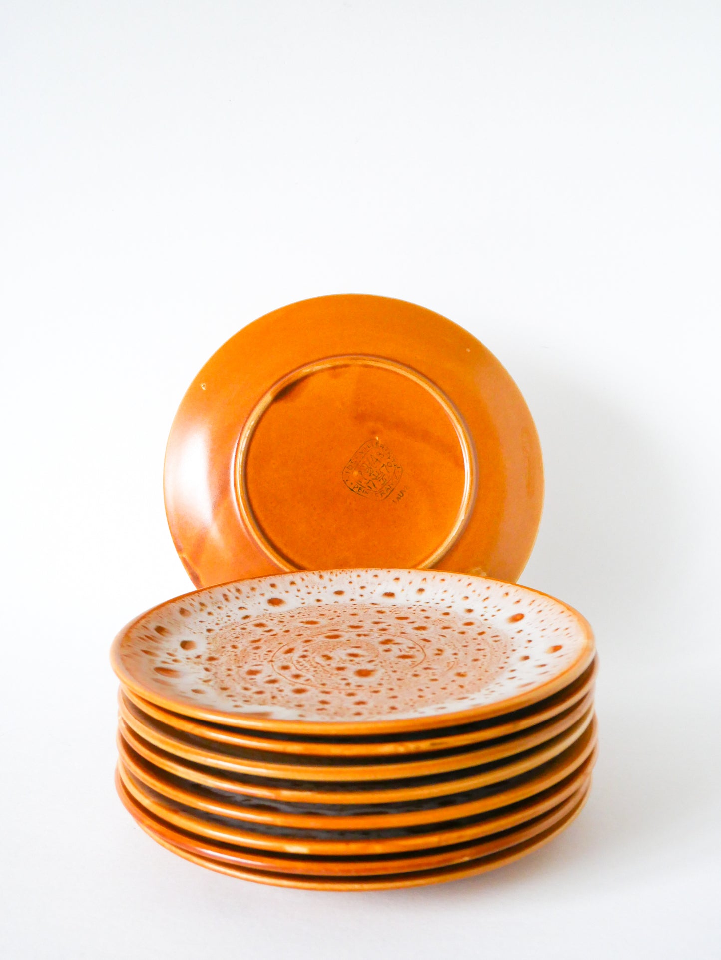 Lot de 9 assiettes à dessert en grès, émail au Sel, Niderviller modèle "Fauve", Made in France, 1970