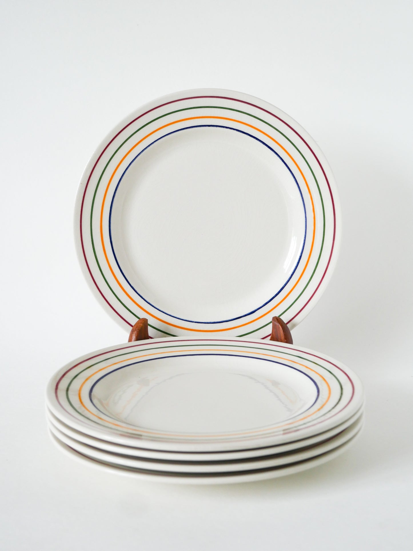 Lot de 5 assiettes à dessert, Liserés Multicolores, Design, 1960