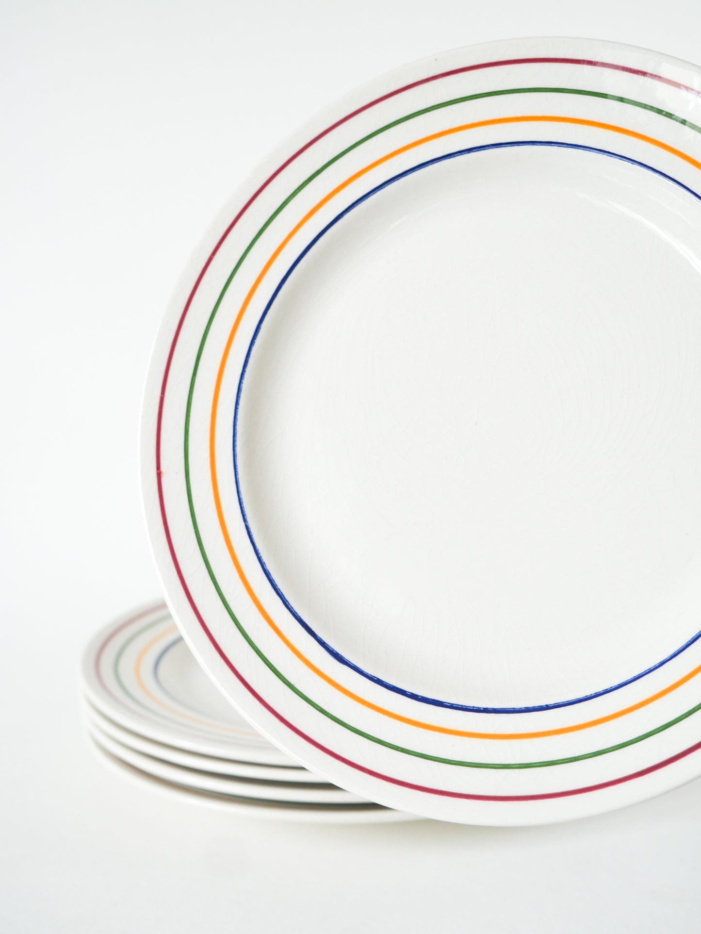 Lot de 5 assiettes à dessert, Liserés Multicolores, Design, 1960