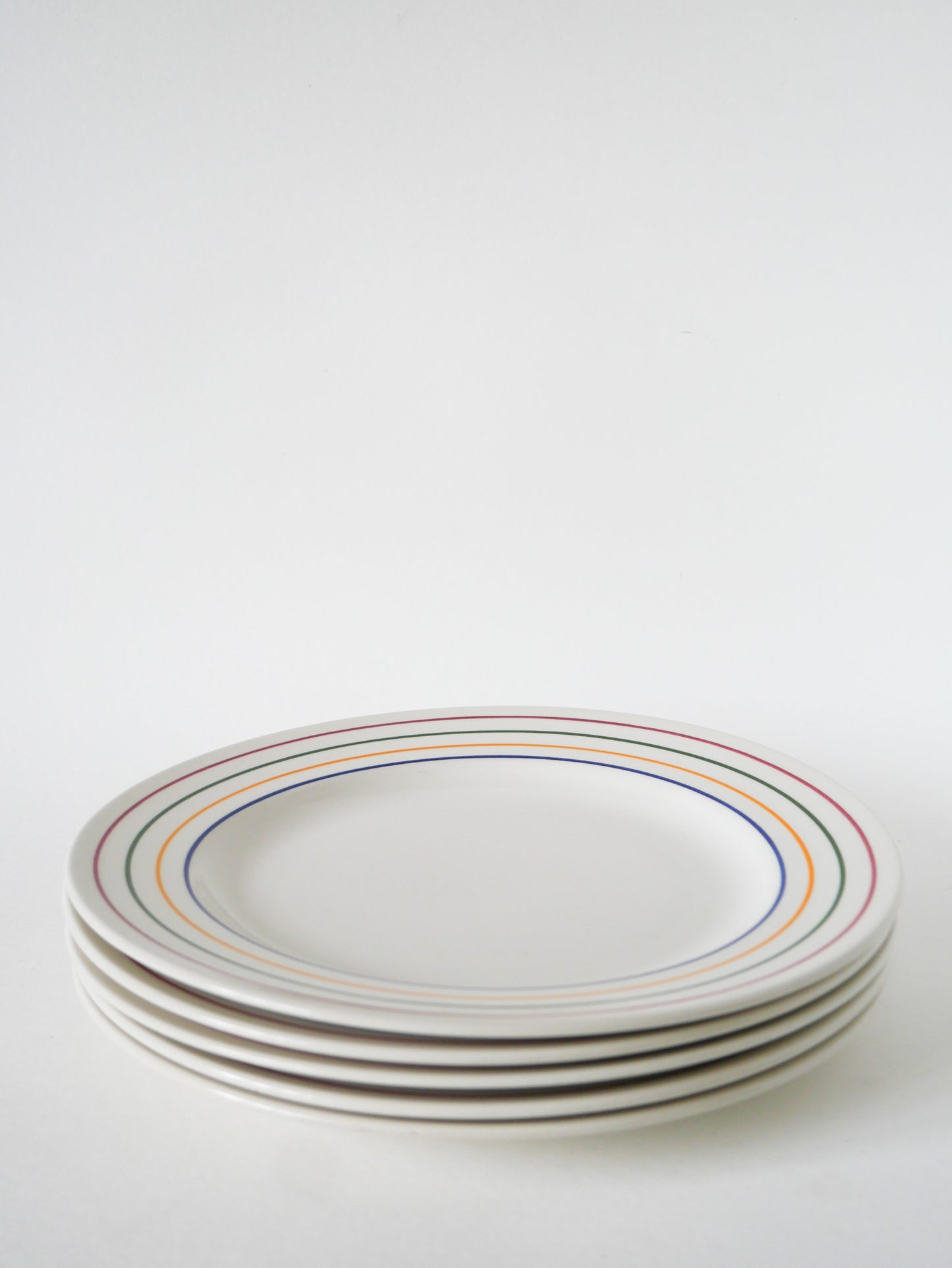 Lot de 5 assiettes plates, Liserés Multicolores, Design, 1960