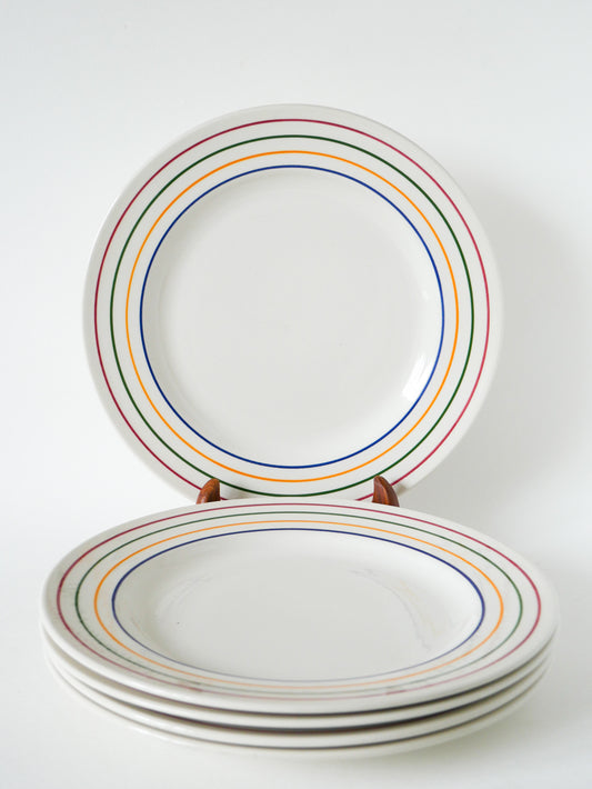 Lot de 5 assiettes plates, Liserés Multicolores, Design, 1960