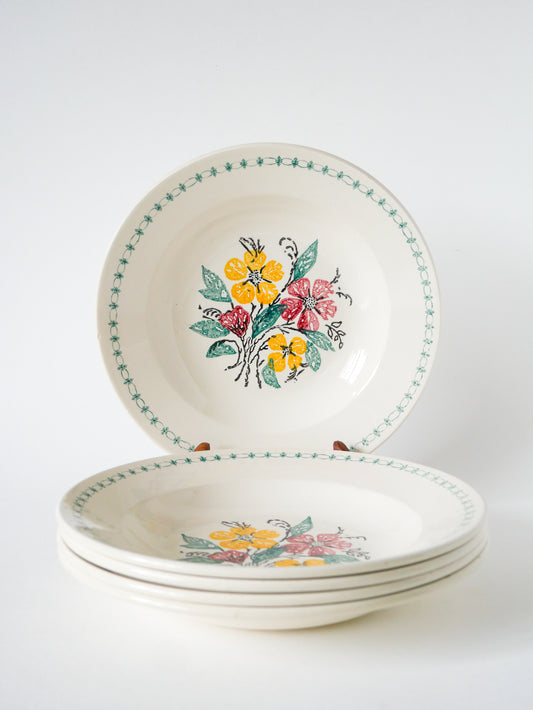 Lot de 5 assiettes creuses Digoin Sarreguemines à fleurs, Vert, 1960