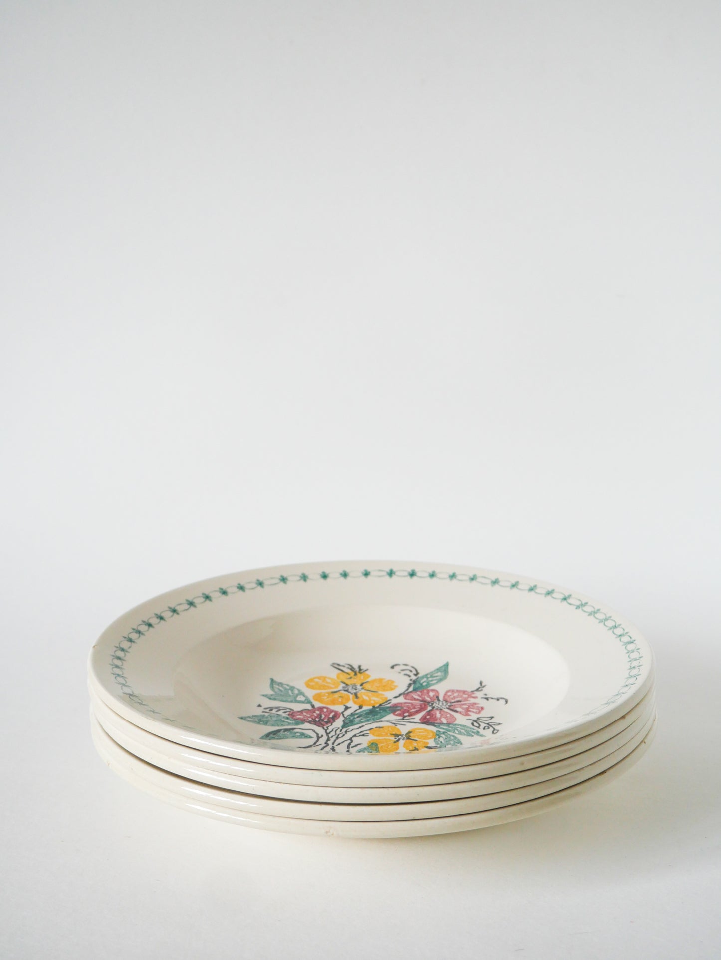 Lot de 5 assiettes creuses Digoin Sarreguemines à fleurs, Vert, 1960