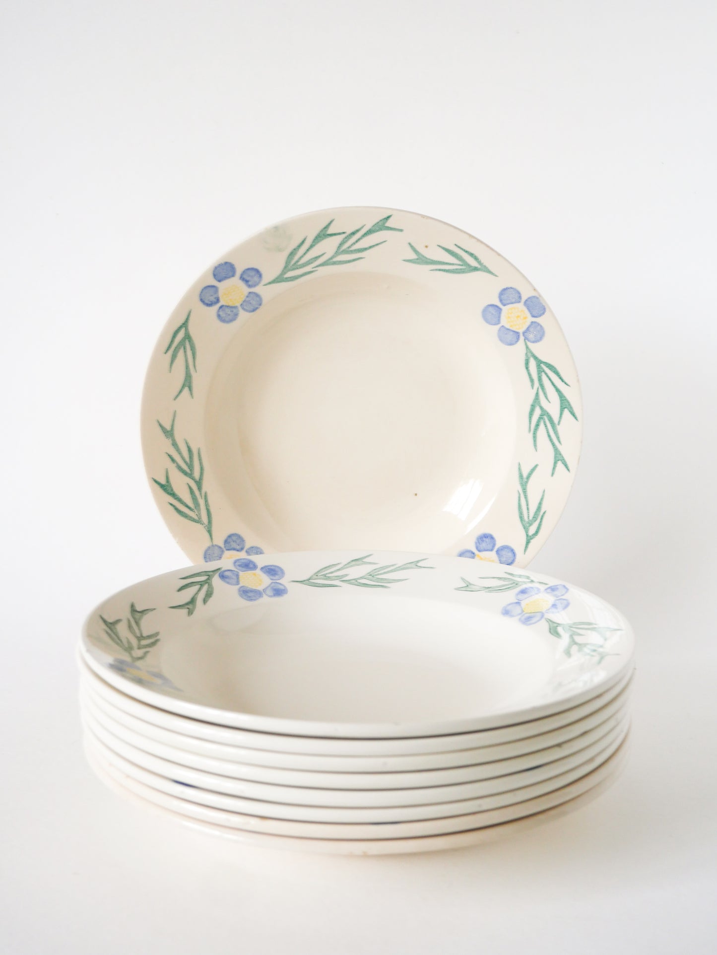 Lot de 9 assiettes creuses Digoin Sarreguemines à fleurs, Bleu et Vert, 1950