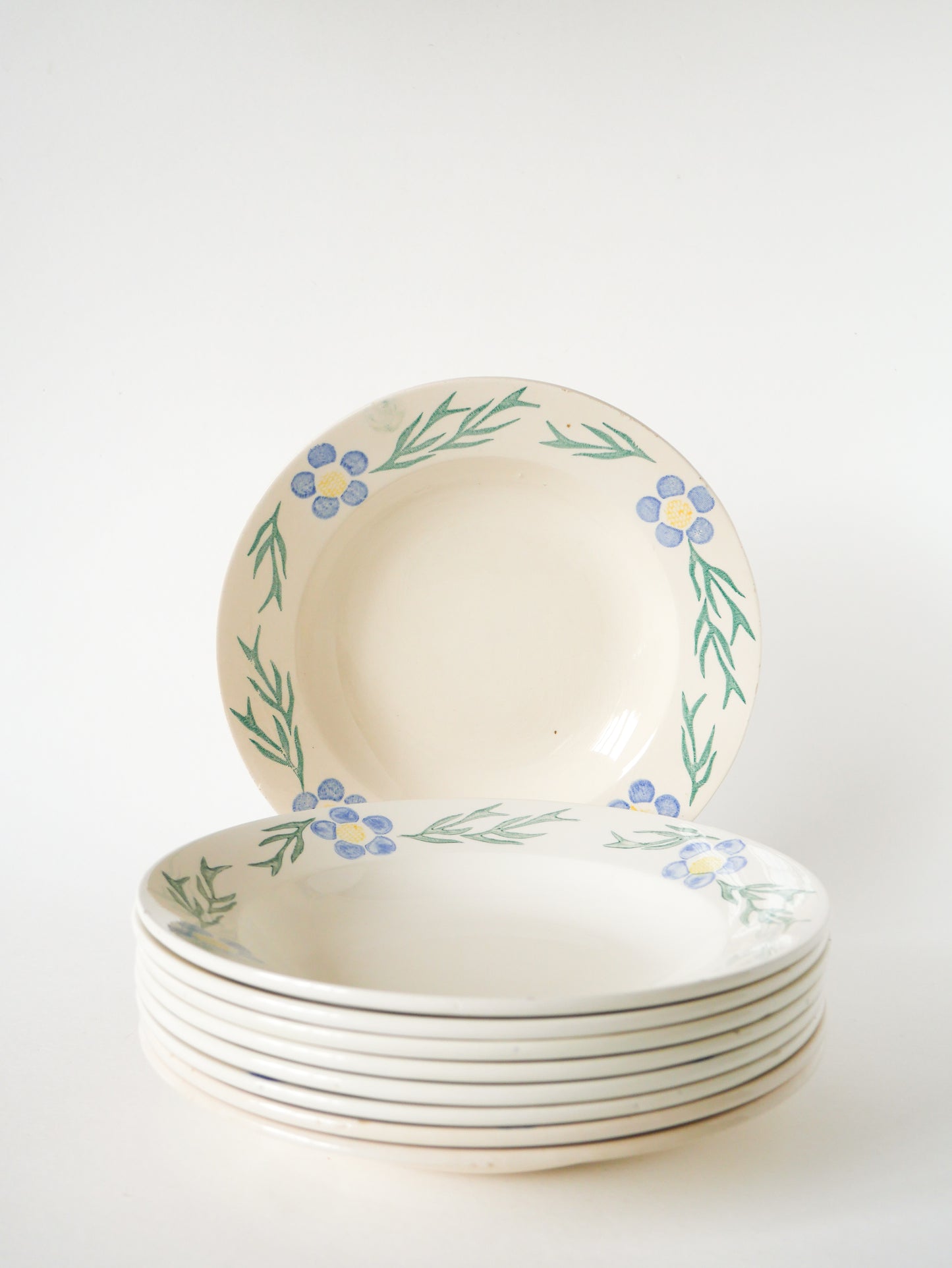 Lot de 9 assiettes creuses Digoin Sarreguemines à fleurs, Bleu et Vert, 1950