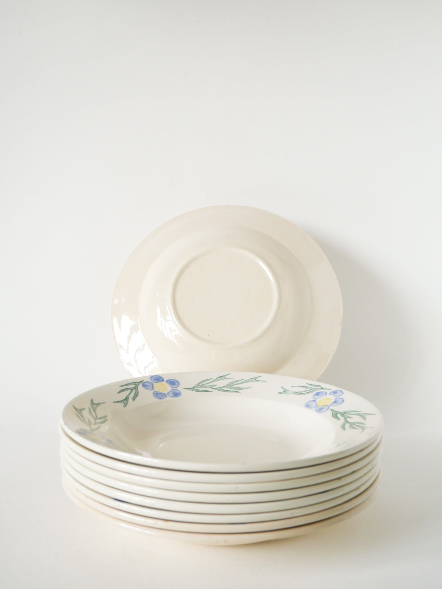 Lot de 9 assiettes creuses Digoin Sarreguemines à fleurs, Bleu et Vert, 1950