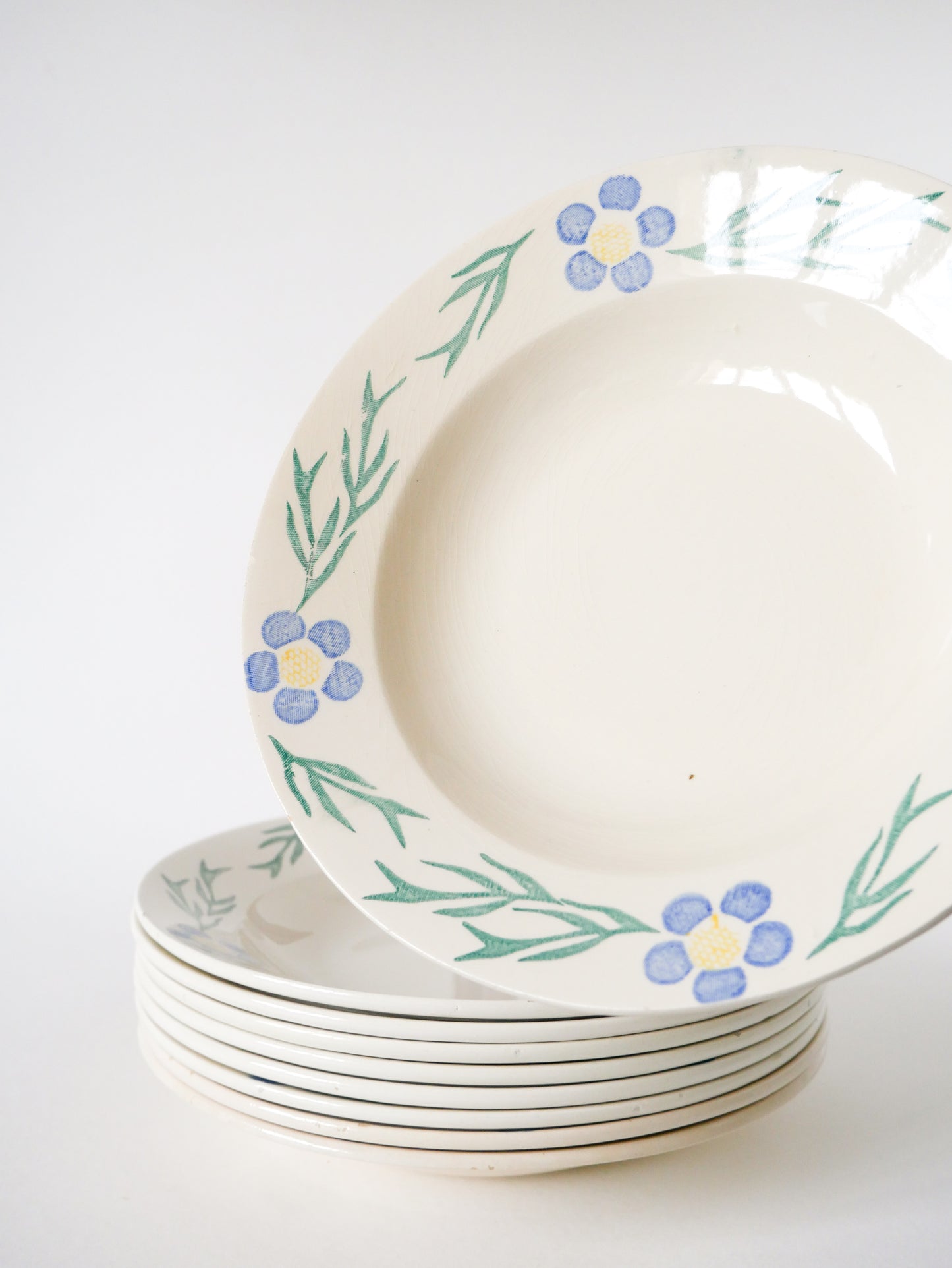 Lot de 9 assiettes creuses Digoin Sarreguemines à fleurs, Bleu et Vert, 1950