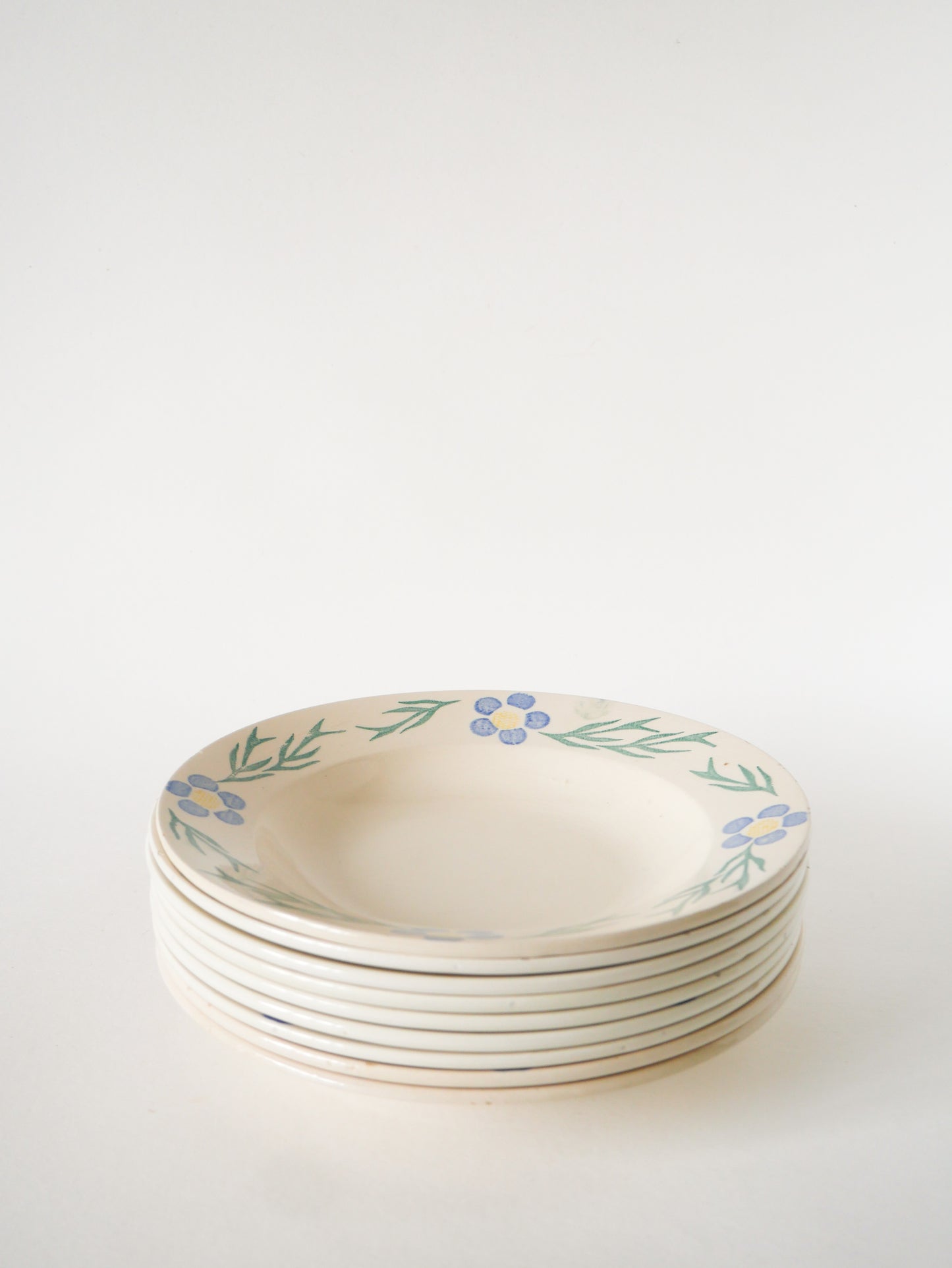 Lot de 9 assiettes creuses Digoin Sarreguemines à fleurs, Bleu et Vert, 1950