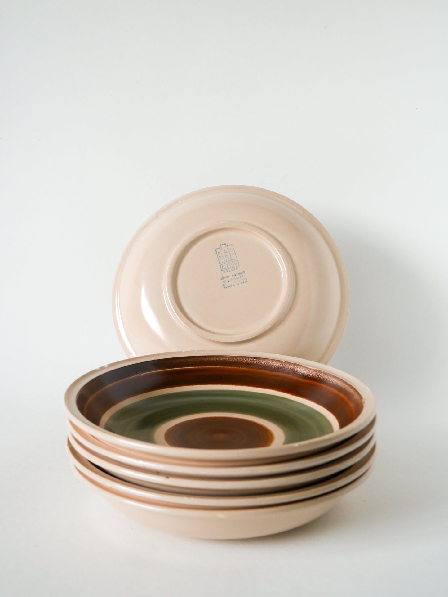 Lot de 6 assiettes creuses en grès Gien, Peintes à la main, 1970