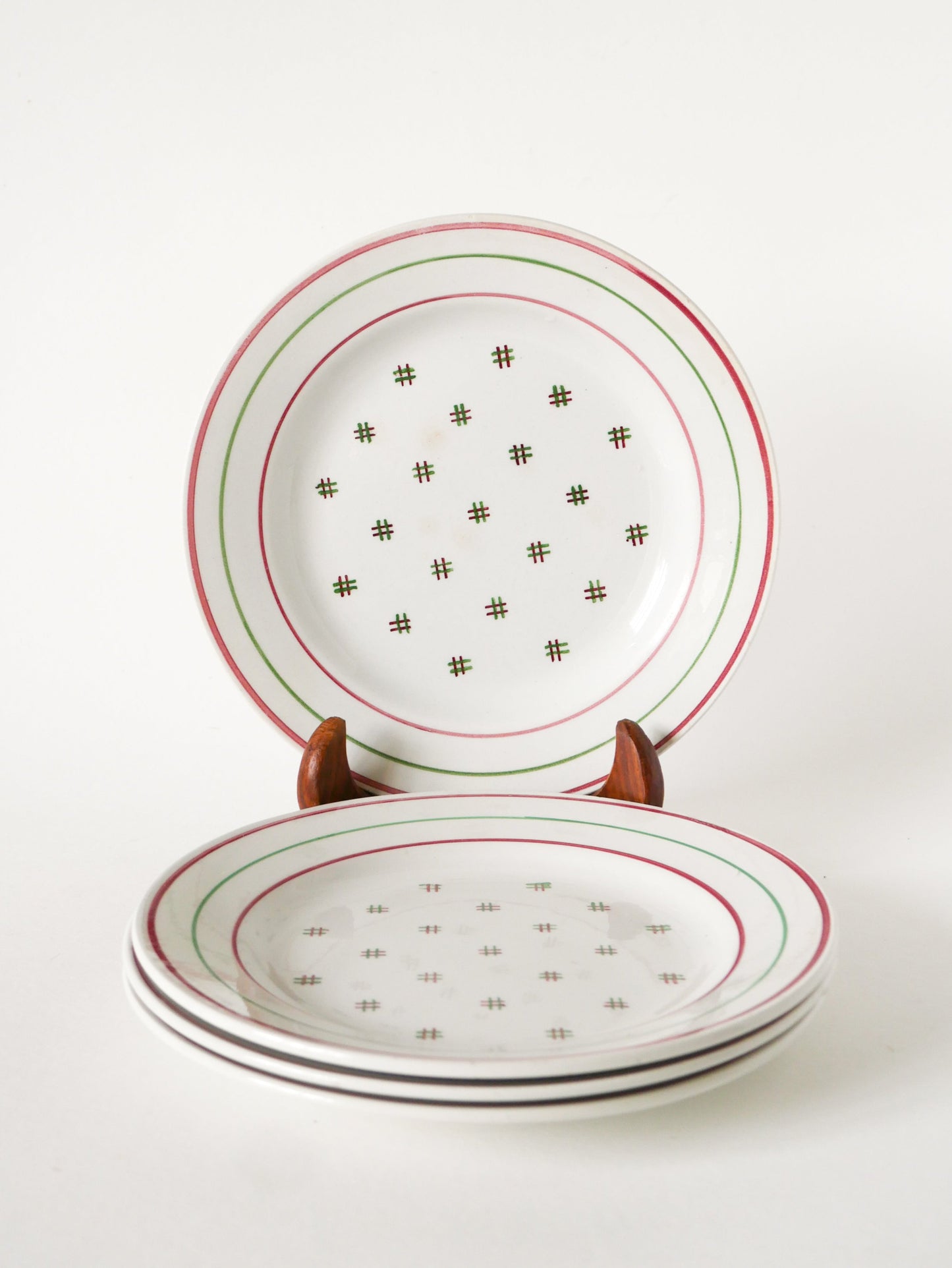 Lot de 4 assiettes à dessert Lunéville, Liserés et motifs, Design, 1960