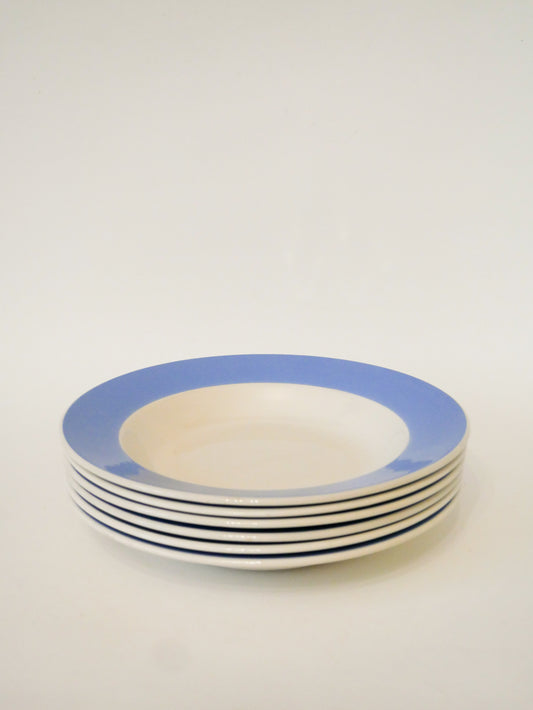 Lot de 6 assiettes creuses, Digoin Sarreguemines, bordure Bleue, 1960