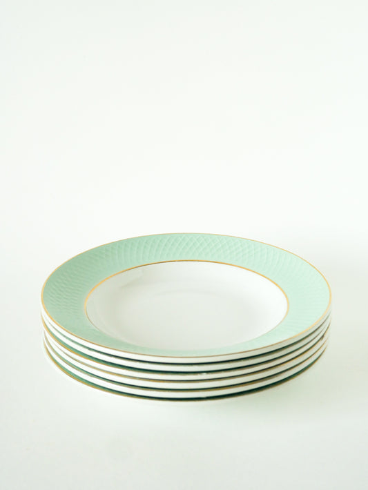 Lot de 6 assiettes creuses à bordure Nid d'abeille et liseré, Vert Menthe et Doré, 1950