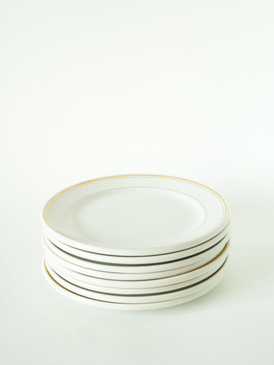 Lot de 8 assiettes à dessert à liserés, Blanc et doré, 1960