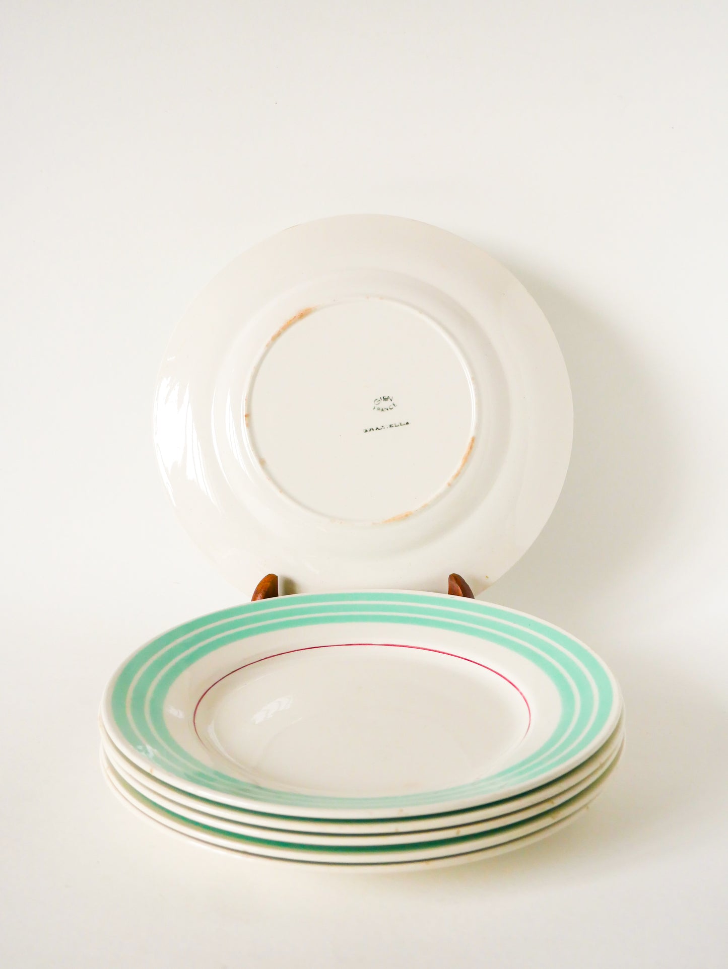 Lot de 6 grandes assiettes plates Gien modèle Gabriella, Menthe et Bordeaux, 1960