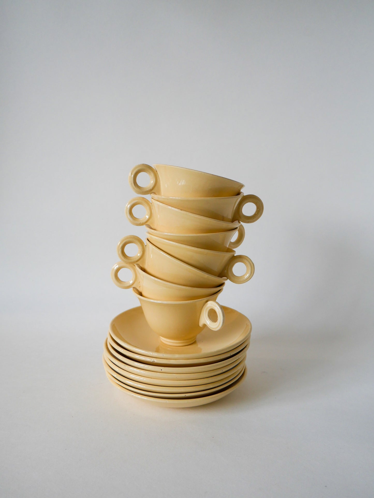 Service à thé composé d'une théière et de 8 tasses en céramique Digoin Sarreguemines crème Design 1950