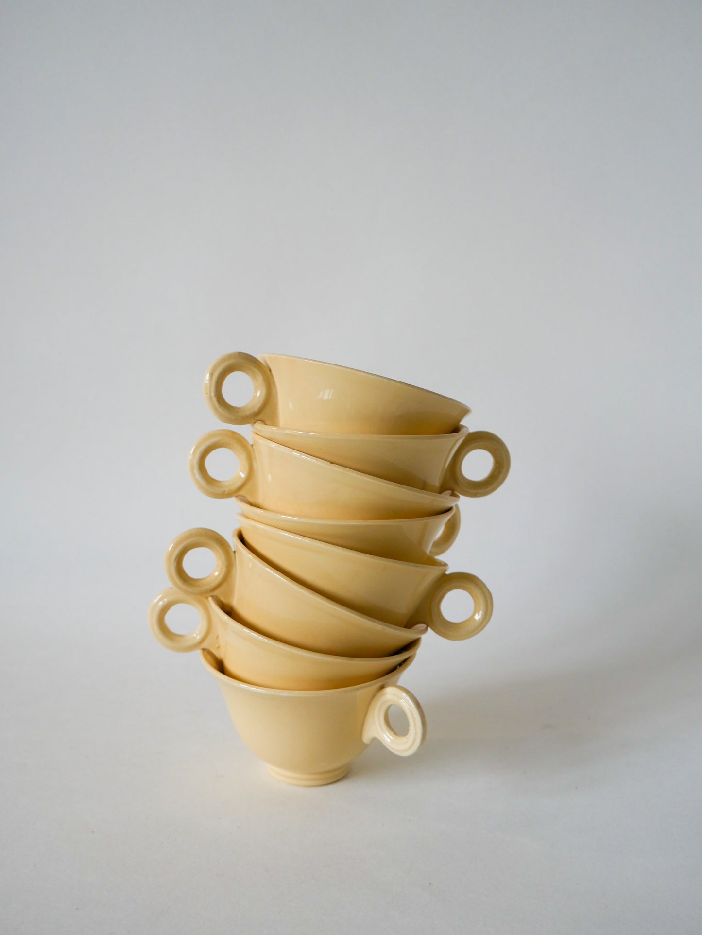 Service à thé composé d'une théière et de 8 tasses en céramique Digoin Sarreguemines crème Design 1950